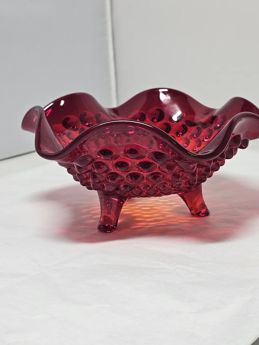 Vintage Viking Art Glass Ruby  Red Hobnail Ruffled Edge  Decorative Bowl Dish